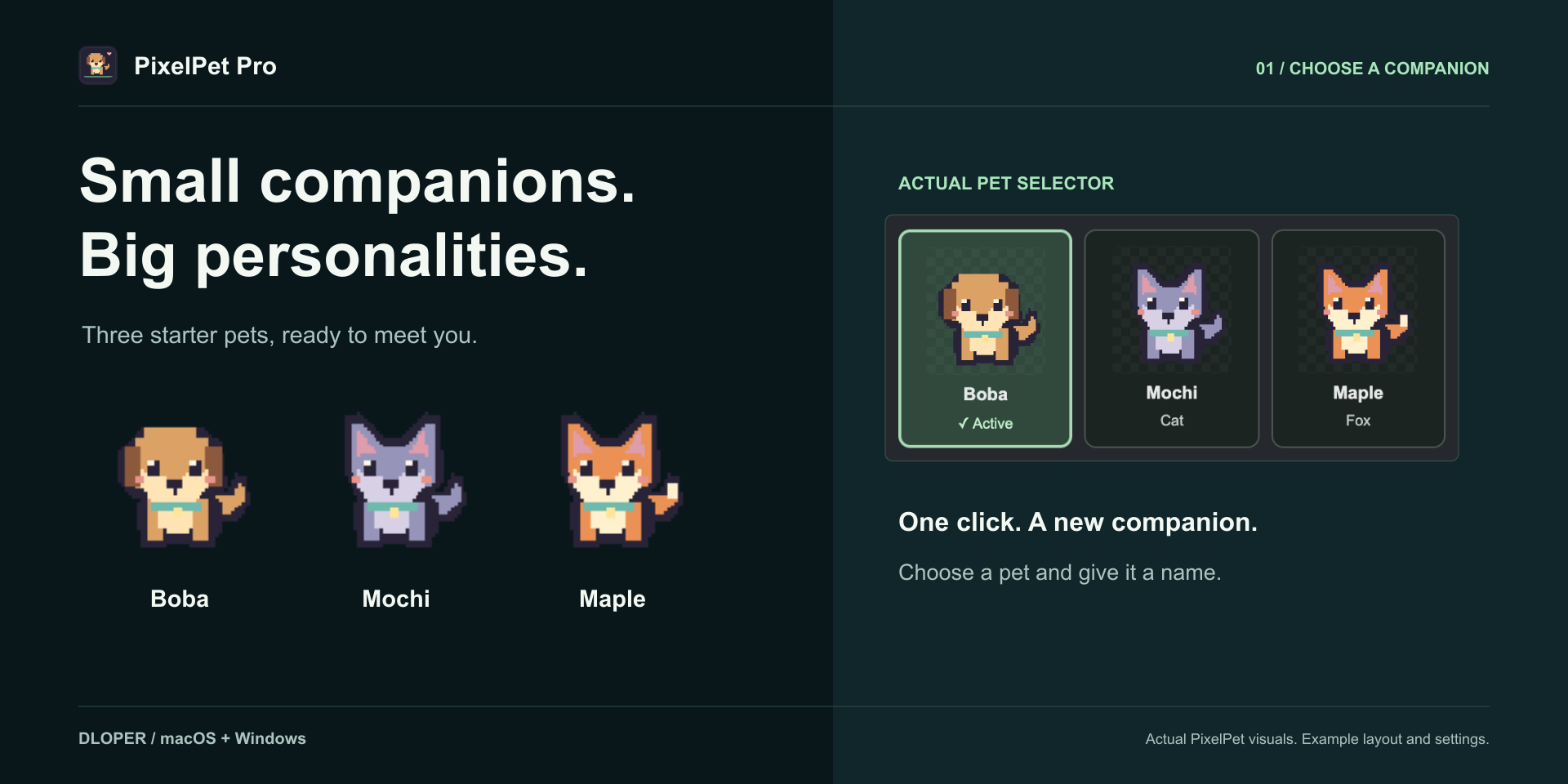 Three PixelPet Starter Companions: Boba, Mochi, and Maple